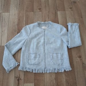 Rebecca Taylor Fringed Blazer Cotton Tweed Zip Jacket